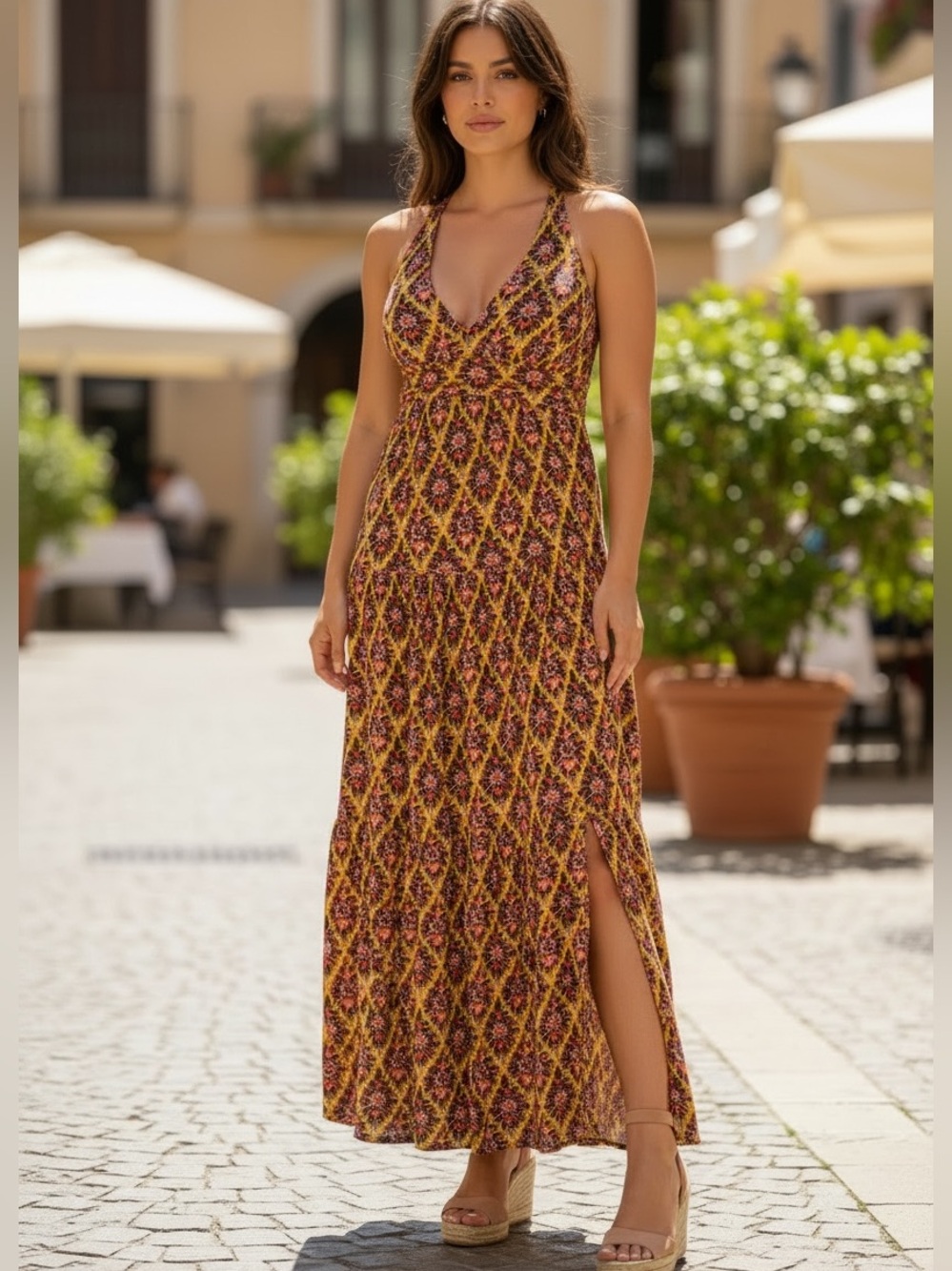 Anthropologie Sleeveless V-Neck Floral Maxi Dress Mustard, Red, Pink, Green XS